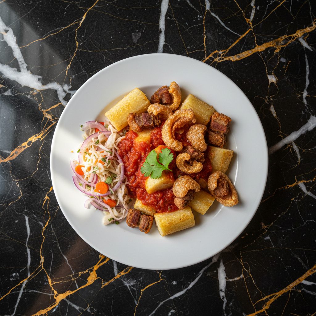 Yuca frita con chicharrón